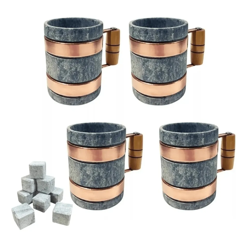 Kit 4 Caneca De Pedra Sabão Com Cobre E Madeira 350ml